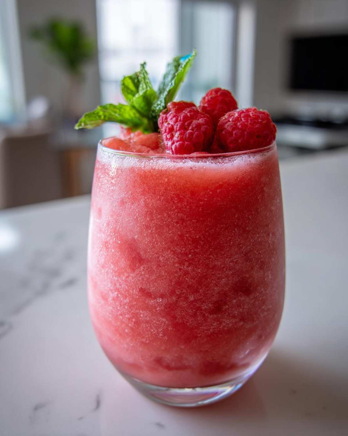 A refreshing Frozen Rosé Slushie garnished with fresh raspberries and mint leaves.