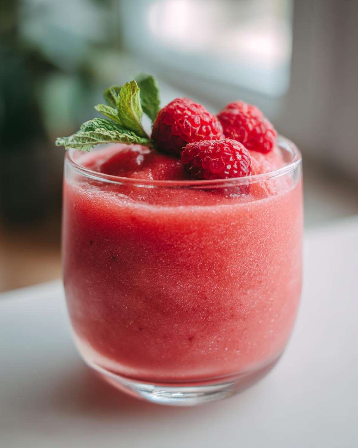 A close-up of a glass filled with pink Frozen Rosé Slushies, topped with fresh raspberries and mint.