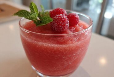 A close-up of a glass filled with a vibrant pink Frozen Rosé Slushie, garnished with fresh raspberries and mint leaves.