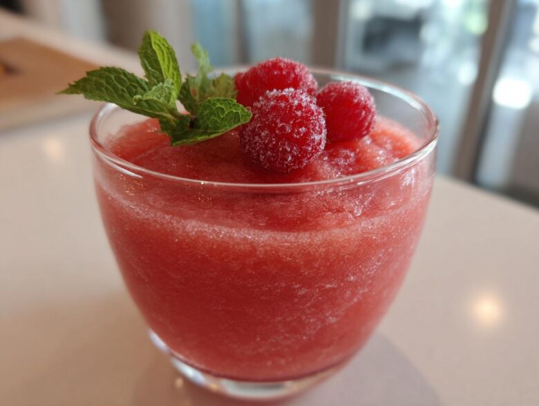 A close-up of a glass filled with a vibrant pink Frozen Rosé Slushie, garnished with fresh raspberries and mint leaves.