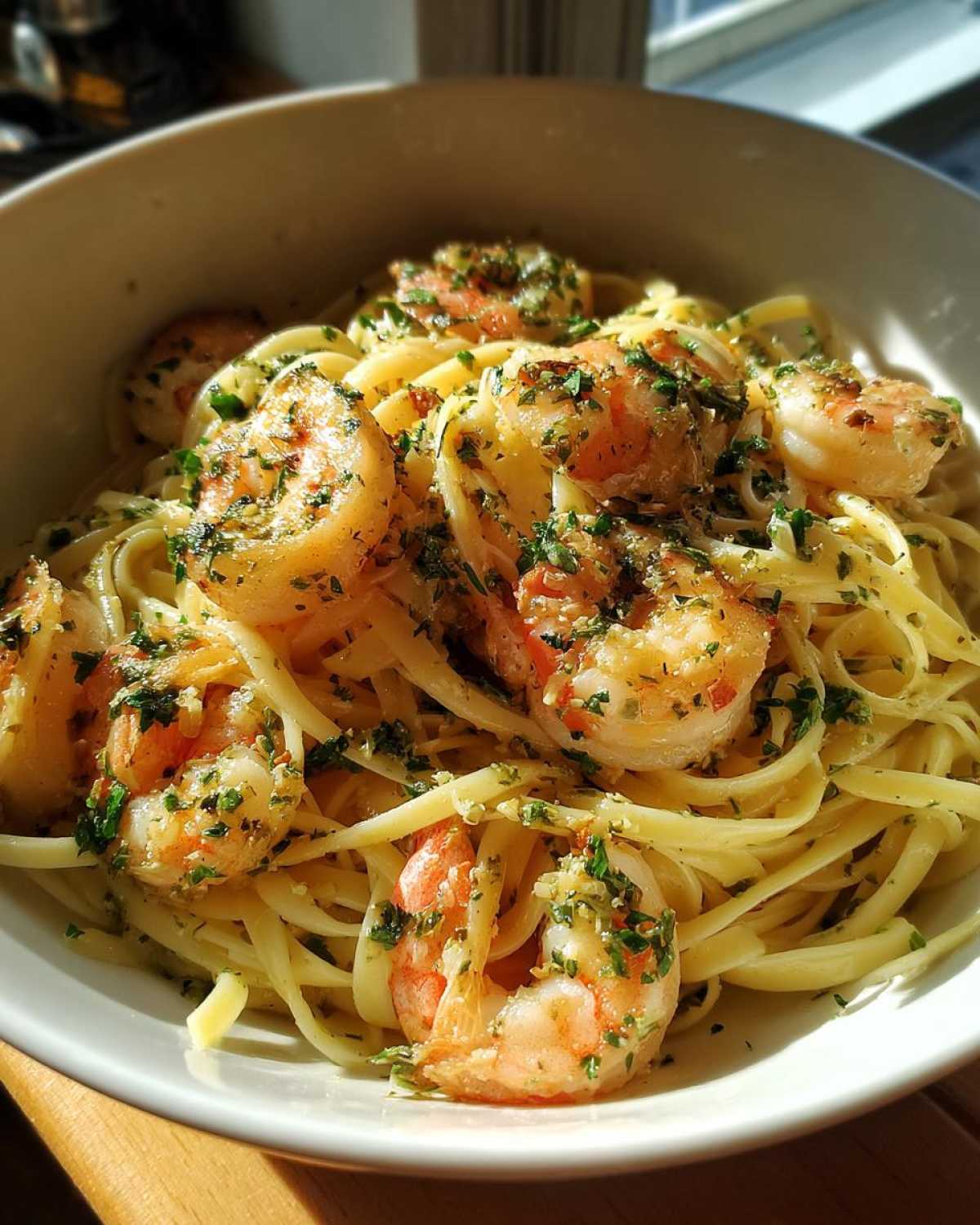 A close-up of Garlic Herb Shrimp Scampi served over linguine pasta, garnished with fresh parsley.