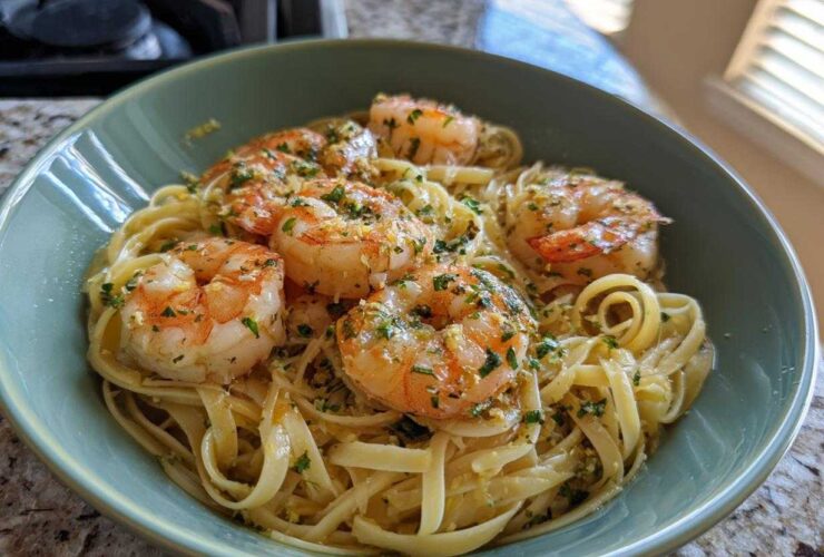 A close-up of Garlic Herb Shrimp Scampi served over linguine pasta in a teal bowl.