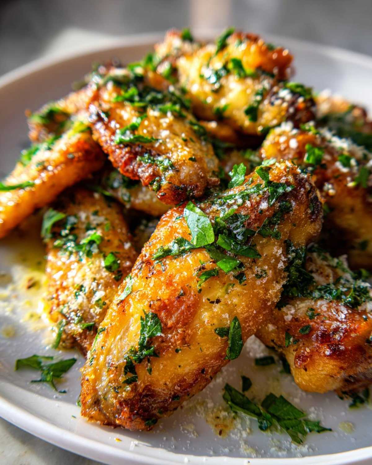 Close-up of crispy, golden Garlic Parmesan Wings topped with fresh parsley and grated Parmesan cheese.