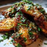 Close-up of crispy Garlic Parmesan Wings, generously seasoned with herbs and parmesan cheese.