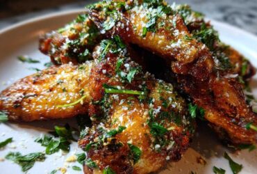 Close-up of crispy Garlic Parmesan Wings, generously seasoned with herbs and parmesan cheese.