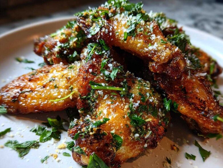 Close-up of crispy Garlic Parmesan Wings, generously seasoned with herbs and parmesan cheese.