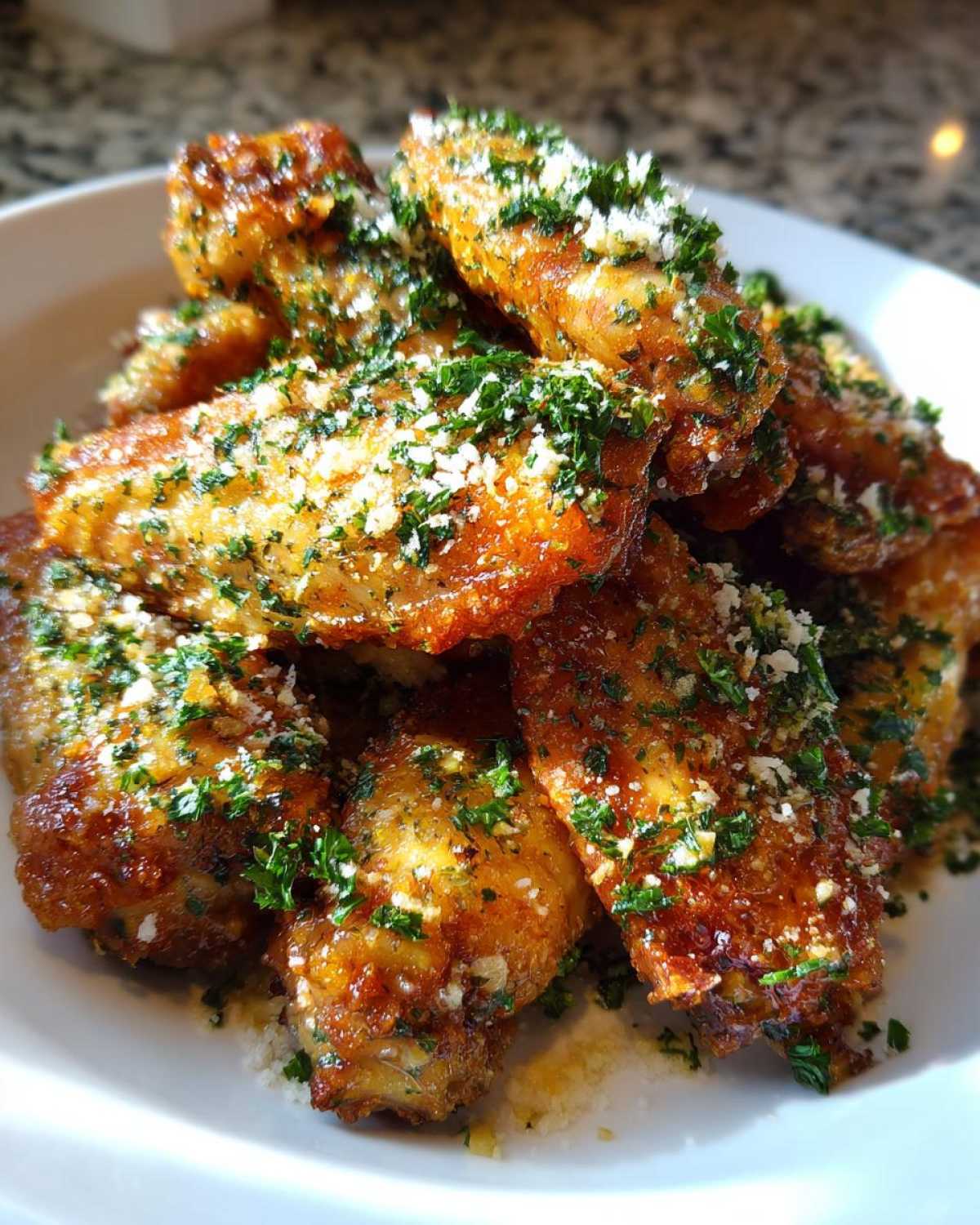 A close-up shot of a pile of golden brown Garlic Parmesan Wings, generously sprinkled with chopped parsley and grated Parmesan cheese.