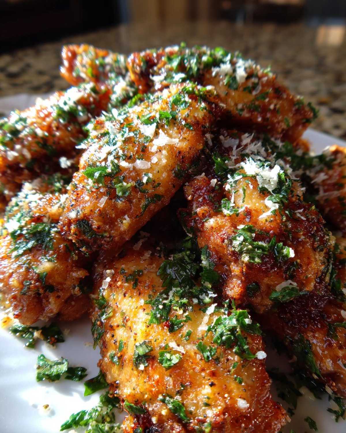 Close-up of a pile of golden-brown Garlic Parmesan Wings, generously sprinkled with fresh parsley and grated Parmesan cheese.