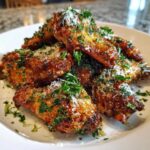 A plate of golden-brown Garlic Parmesan Wings, generously topped with shredded Parmesan cheese and fresh parsley.