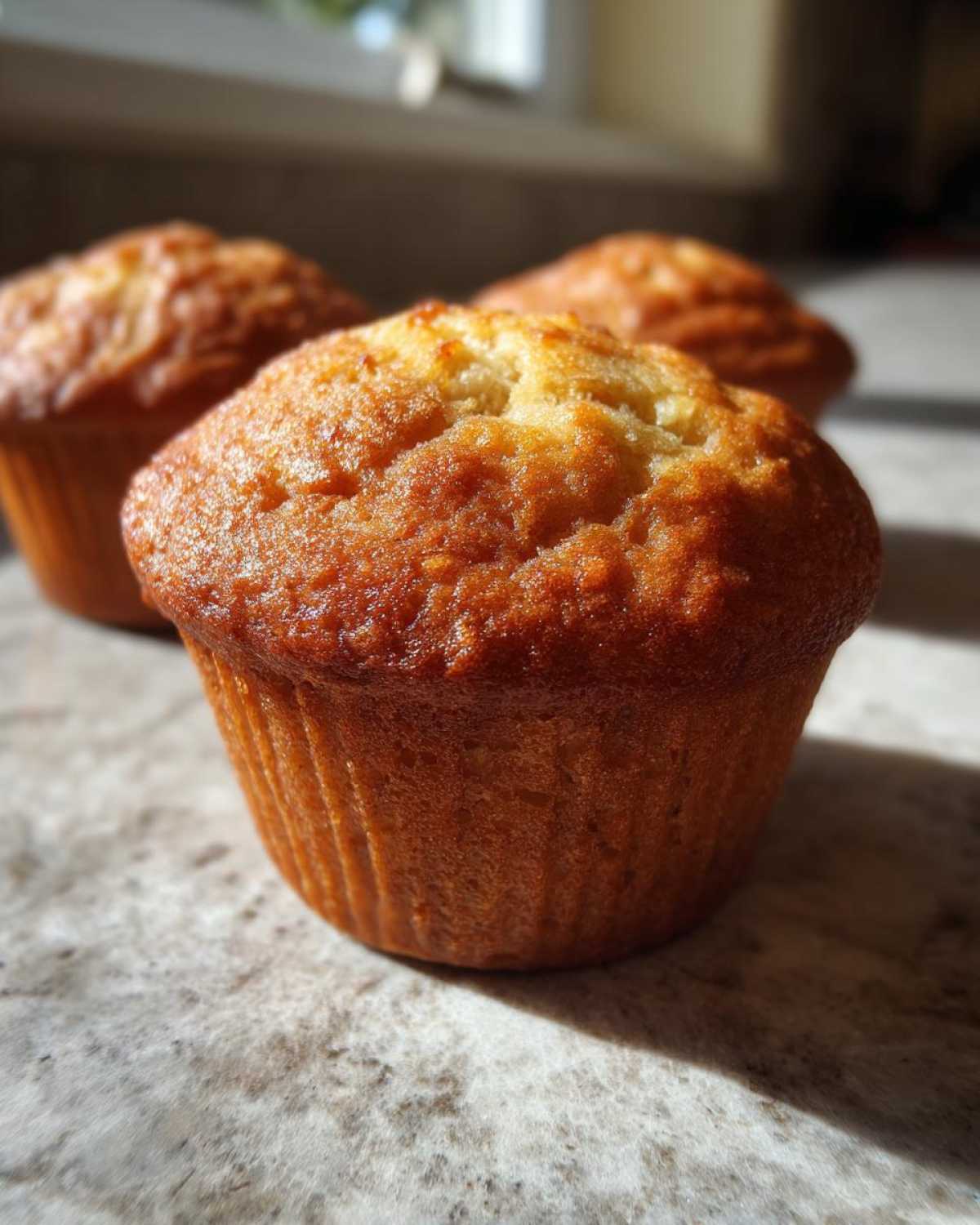 Close-up of a golden brown gluten-free banana muffin with a slightly cracked top, on a speckled countertop.