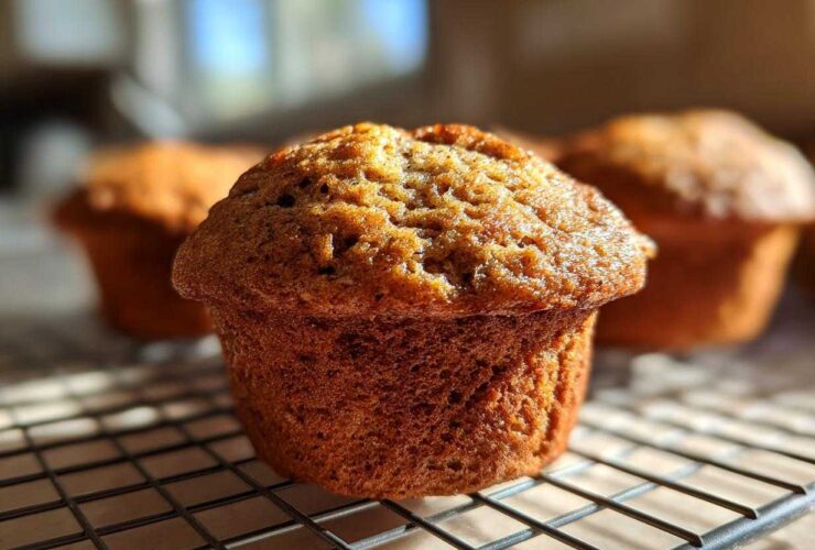 Close-up of a freshly baked gluten-free banana muffin with a golden-brown, textured top, resting on a wire cooling rack.