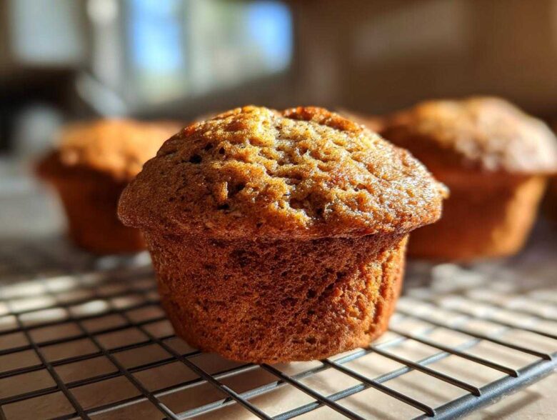 Close-up of a freshly baked gluten-free banana muffin with a golden-brown, textured top, resting on a wire cooling rack.