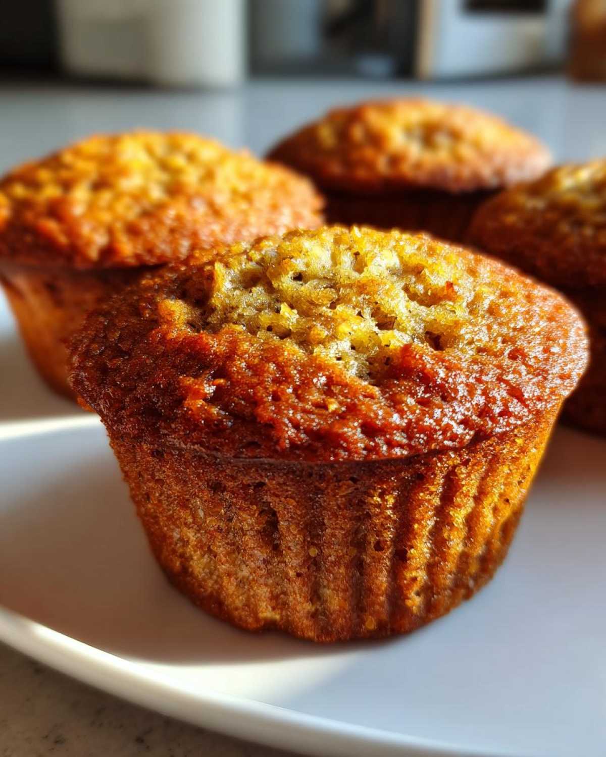 Close-up of delicious gluten-free banana muffins with a golden-brown crust, arranged on a white plate.