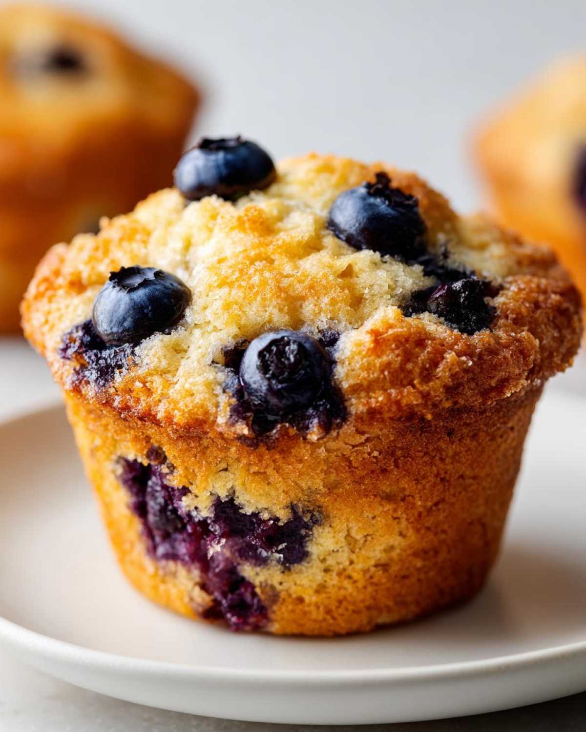 A close-up of a delicious gluten-free blueberry muffin, topped with fresh blueberries and a golden crumb topping.