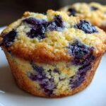 A close-up of a delicious gluten-free blueberry muffin, bursting with juicy blueberries.