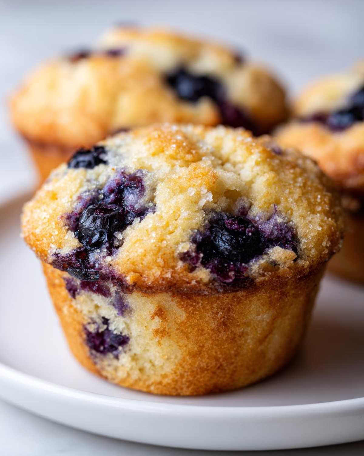 Close-up of a delicious gluten-free blueberry muffin with a golden-brown top sprinkled with sugar.