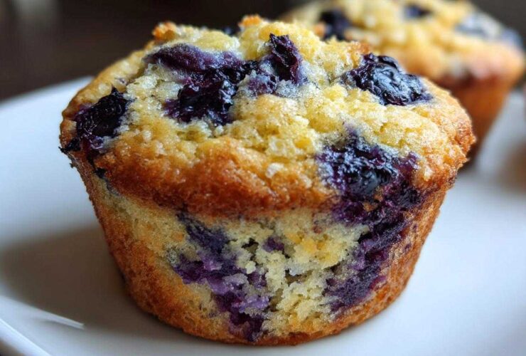 A close-up of a delicious gluten-free blueberry muffin, bursting with juicy blueberries.