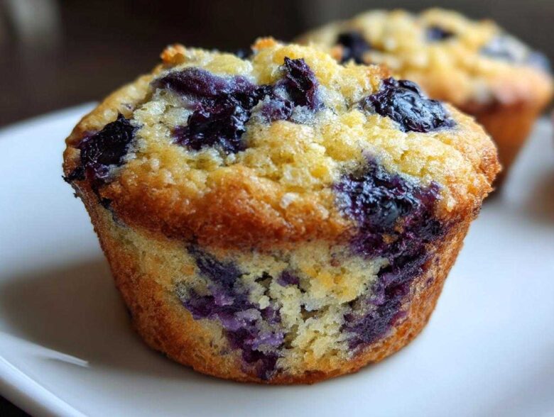 A close-up of a delicious gluten-free blueberry muffin, bursting with juicy blueberries.