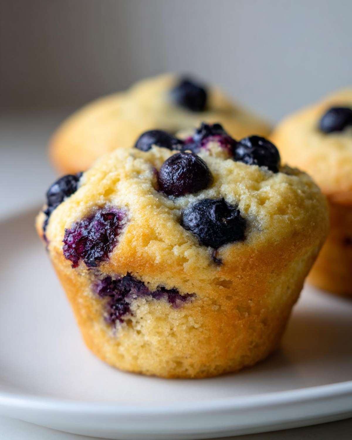 A close-up of a delicious gluten-free blueberry muffin, bursting with fresh blueberries.