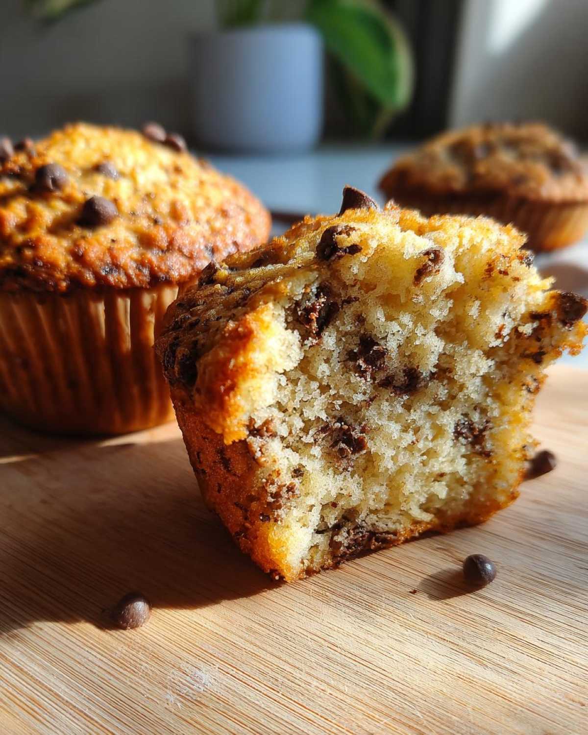 Close-up of a delicious gluten-free chocolate chip muffin, with a bite taken out, revealing a fluffy interior packed with chocolate chips.