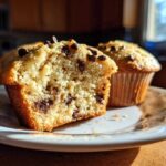 A close-up of a gluten-free chocolate chip muffin, cut in half, revealing a fluffy interior packed with chocolate chips.