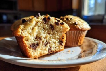 A close-up of a gluten-free chocolate chip muffin, cut in half, revealing a fluffy interior packed with chocolate chips.