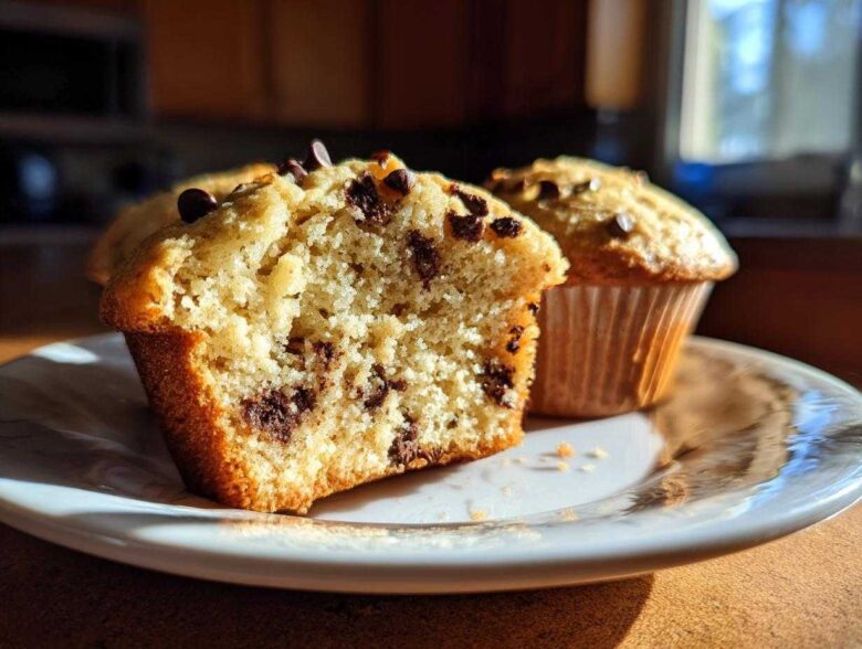 A close-up of a gluten-free chocolate chip muffin, cut in half, revealing a fluffy interior packed with chocolate chips.