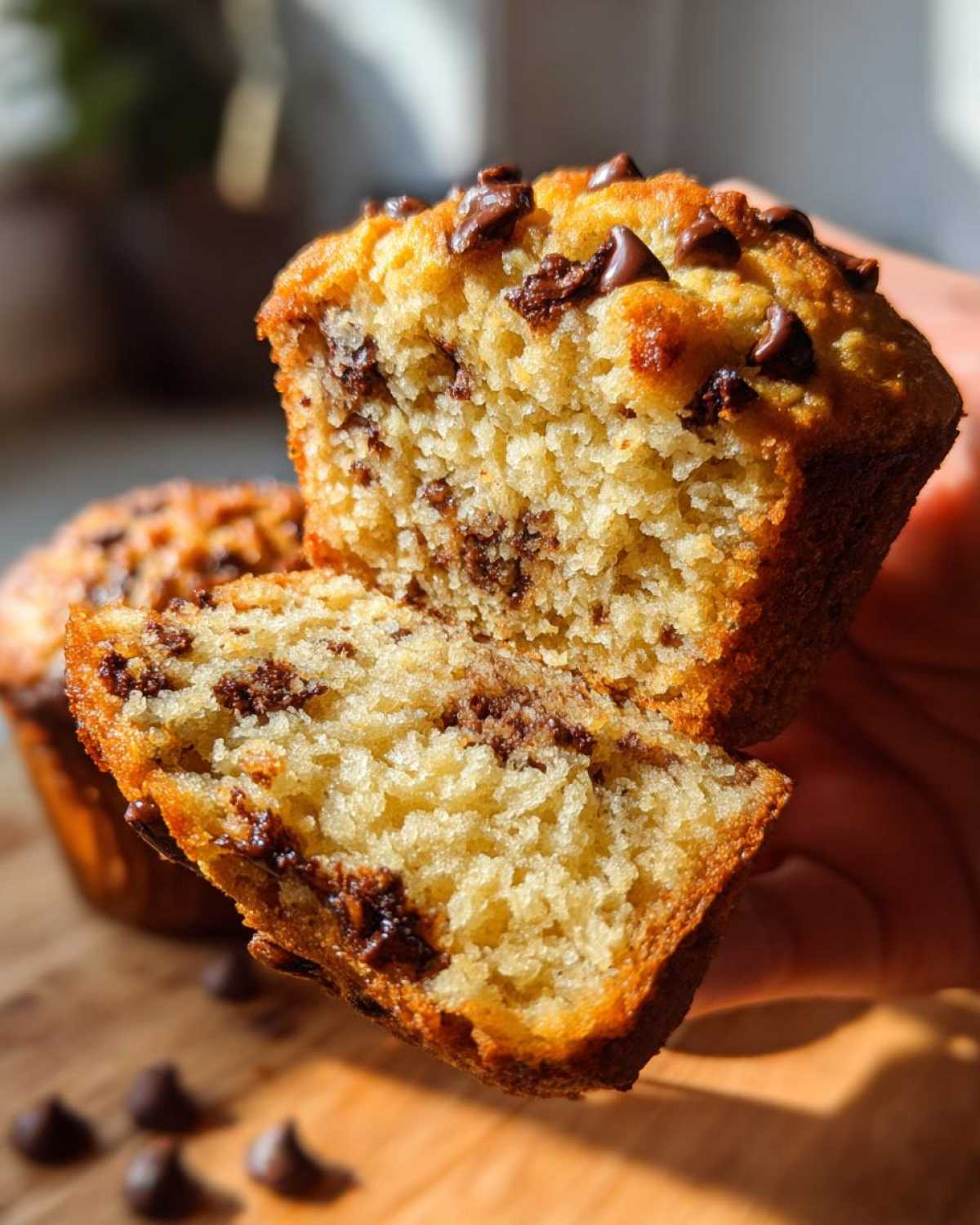 A close-up view of a gluten-free chocolate chip muffin, cut in half, revealing a fluffy interior packed with chocolate chips.