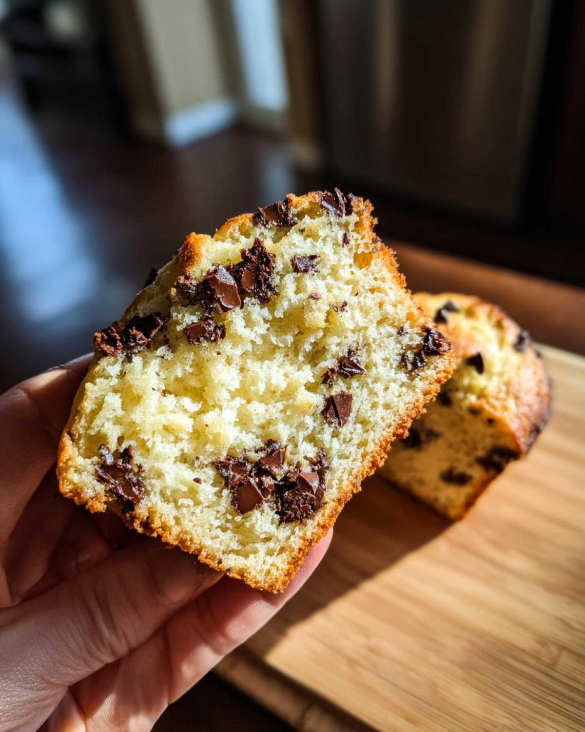 A hand holding a halved gluten-free chocolate chip muffin, revealing a fluffy interior packed with chocolate chips.
