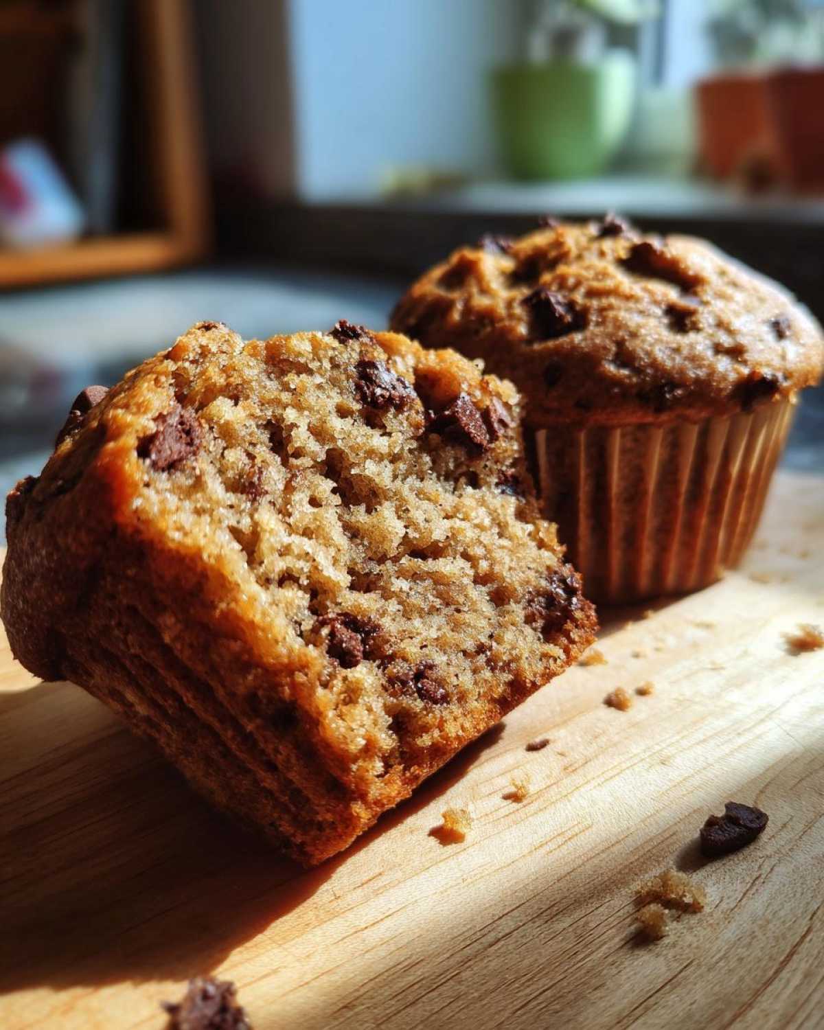 Close-up of a delicious gluten-free chocolate chip muffin, one is halved to show the moist interior and chocolate chips.