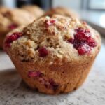 Close-up of a delicious gluten-free protein muffin studded with bright red berries.