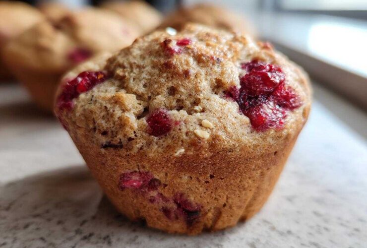 Close-up of a delicious gluten-free protein muffin studded with bright red berries.