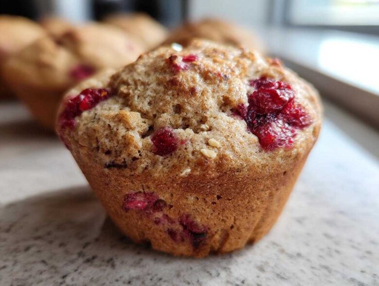 Close-up of a delicious gluten-free protein muffin studded with bright red berries.