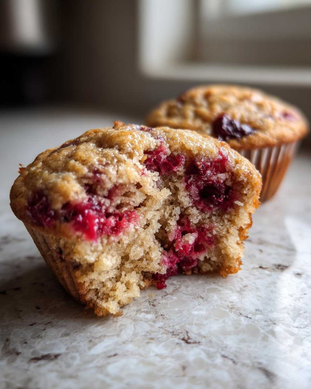 A close-up of a gluten-free protein muffin with raspberries, showing a bite taken out.