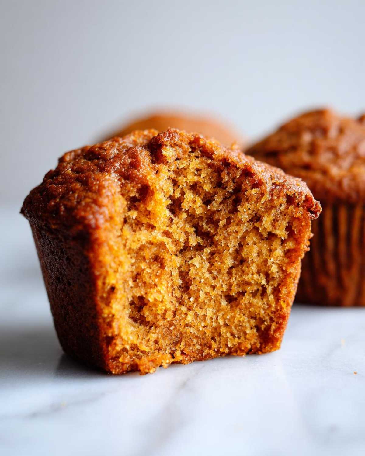Close-up of a delicious gluten-free pumpkin muffin with a bite taken out, showing its moist texture.