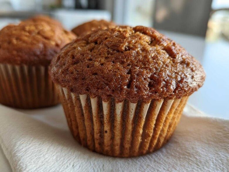 Close-up of a golden-brown gluten-free pumpkin muffin in a paper liner, with more muffins blurred in the background.