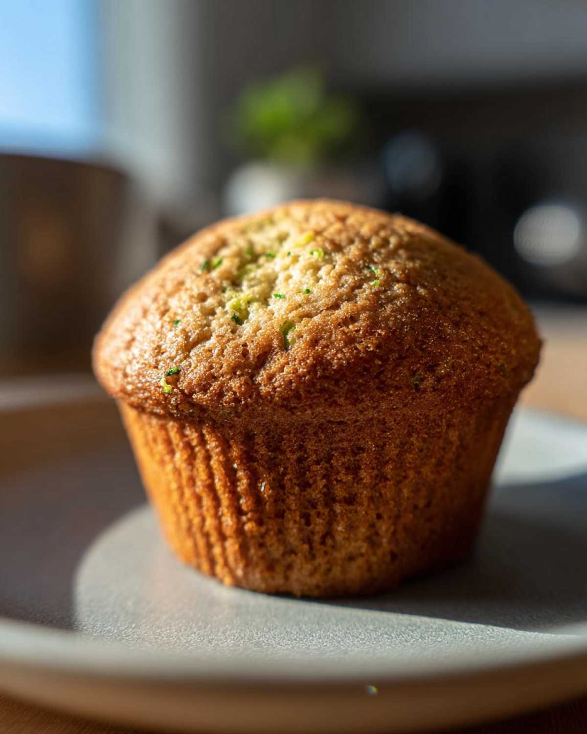 A close-up of a golden-brown gluten-free zucchini muffin with flecks of green zucchini visible on top.