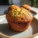 Close-up of a golden-brown gluten-free zucchini muffin with visible flecks of zucchini on top.
