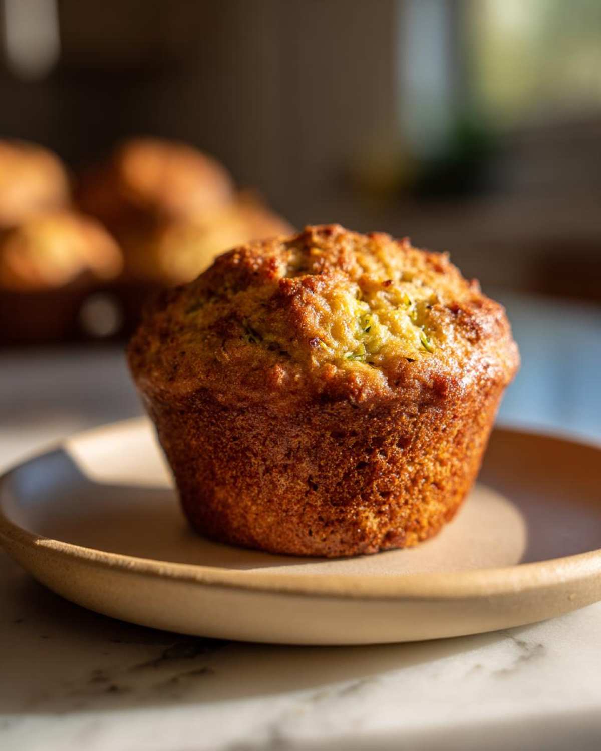 Close-up of a golden-brown gluten-free zucchini muffin on a plate, with more muffins blurred in the background.