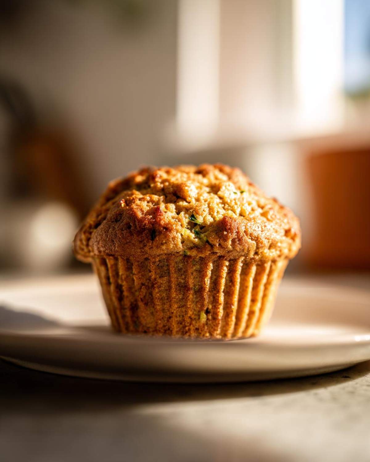 A single, golden-brown gluten-free zucchini muffin on a plate, bathed in warm sunlight.