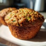 Close-up of a golden-brown gluten-free zucchini muffin on a plate, with another muffin blurred in the background.