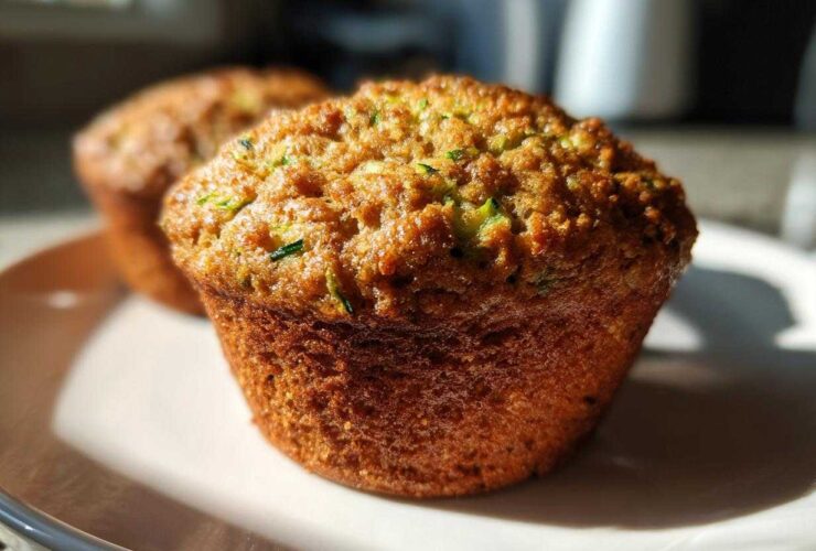 Close-up of a golden-brown gluten-free zucchini muffin on a plate, with another muffin blurred in the background.