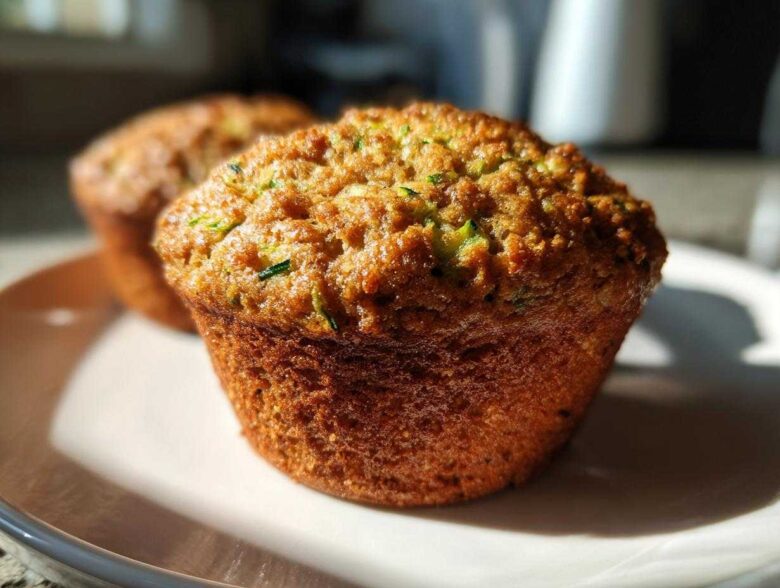 Close-up of a golden-brown gluten-free zucchini muffin on a plate, with another muffin blurred in the background.