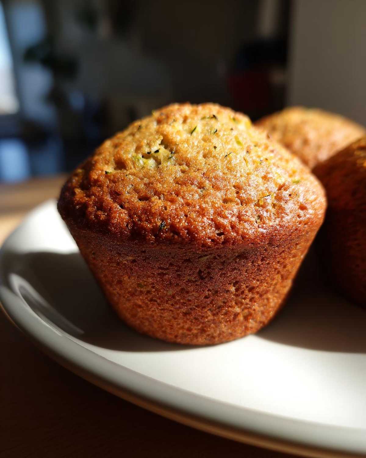 Close-up of a golden-brown gluten-free zucchini muffin on a white plate, with two more muffins blurred in the background.
