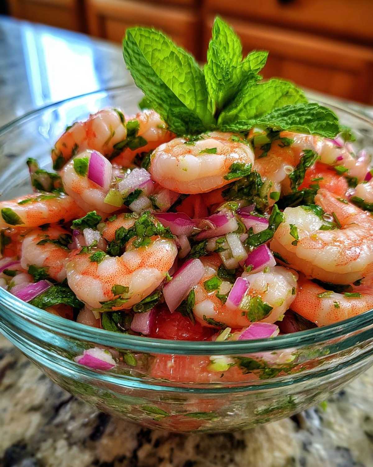 Close-up of Grapefruit Shrimp Ceviche in a glass bowl, featuring cooked shrimp, red onion, cilantro, and mint.