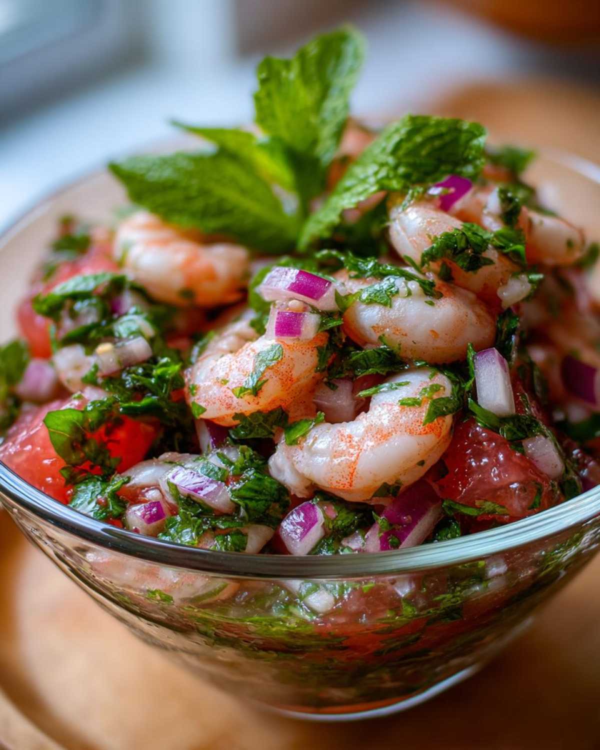 A close-up of Grapefruit Shrimp Ceviche in a clear glass bowl, featuring cooked shrimp, grapefruit segments, red onion, and fresh herbs.