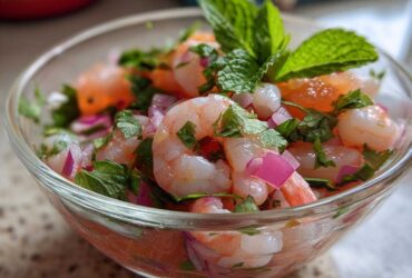 A close-up of Grapefruit Shrimp Ceviche in a clear glass bowl, featuring plump shrimp, red onion, cilantro, and mint.