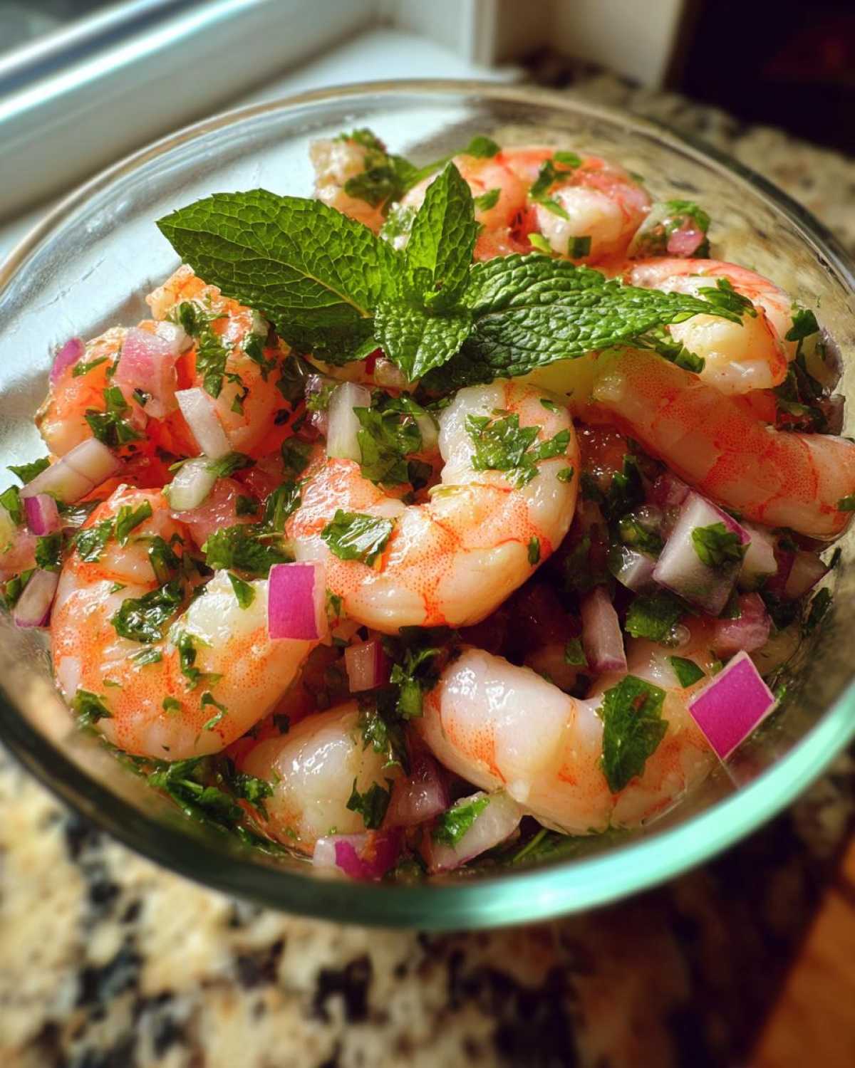 A close-up of Grapefruit Shrimp Ceviche in a clear bowl, featuring cooked shrimp, red onion, cilantro, and mint.