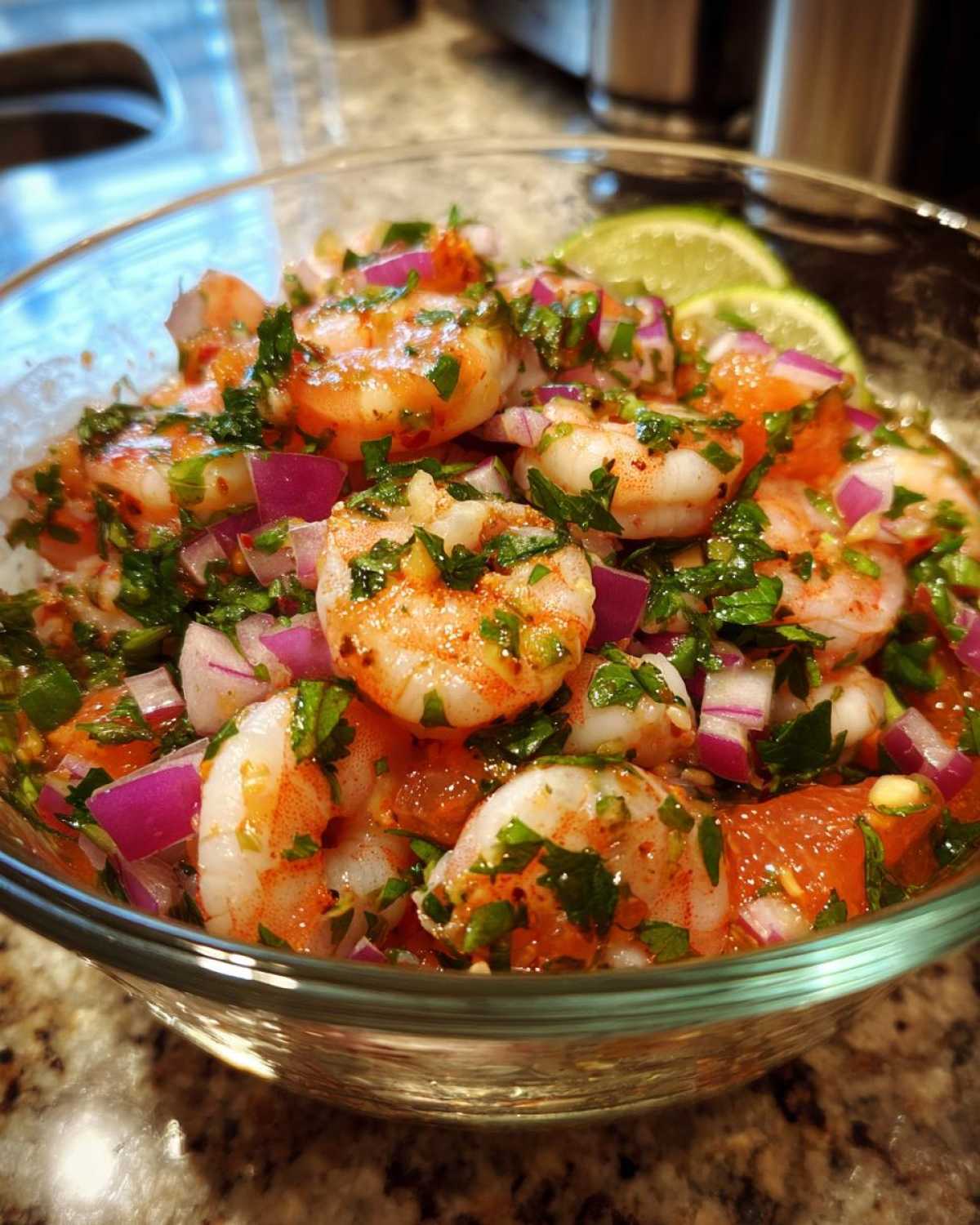 A close-up of Grapefruit Shrimp Ceviche in a clear glass bowl, featuring plump shrimp, red onion, cilantro, and grapefruit segments.