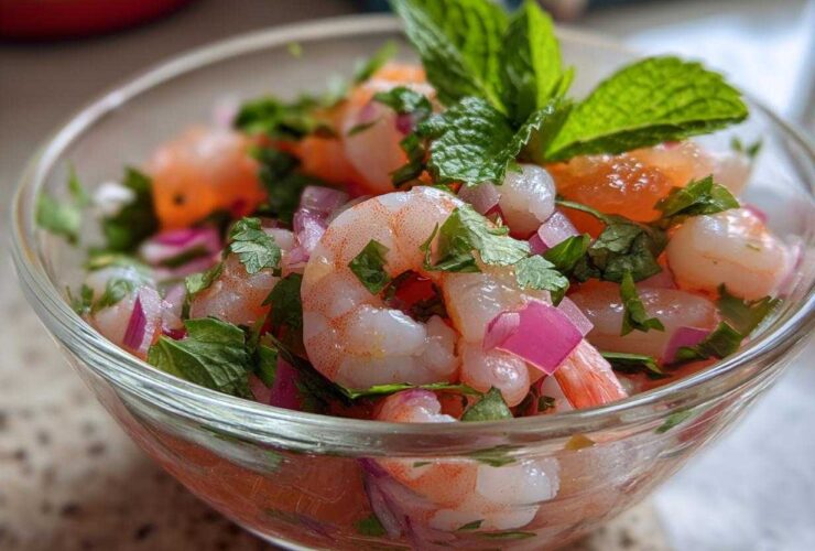 A close-up of Grapefruit Shrimp Ceviche in a clear glass bowl, featuring plump shrimp, red onion, cilantro, and mint.